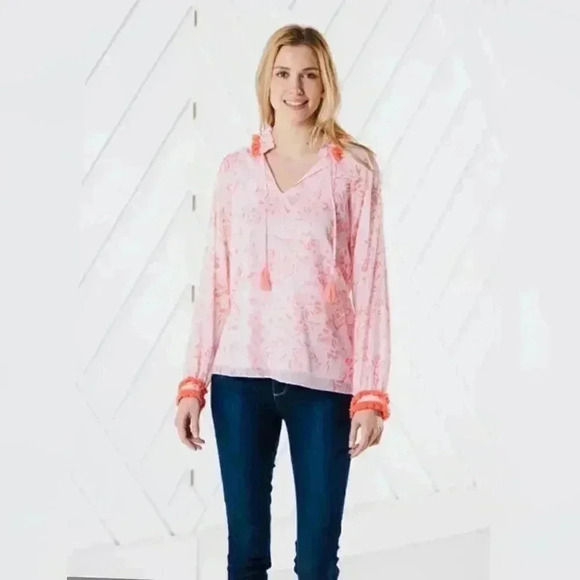 SAIL TO SABLE CORAL TOILE RUFFLE
NECK TOP - Picture 1 of 6